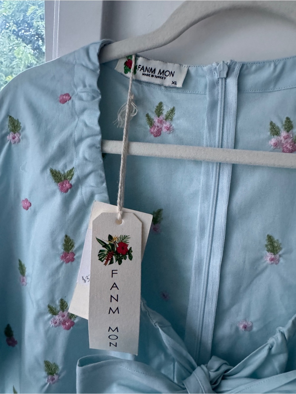 Fanm Mon Blue Embroidered Cotton Tie Front Babydoll Mini Dress XL NWT - Picture 3 of 6